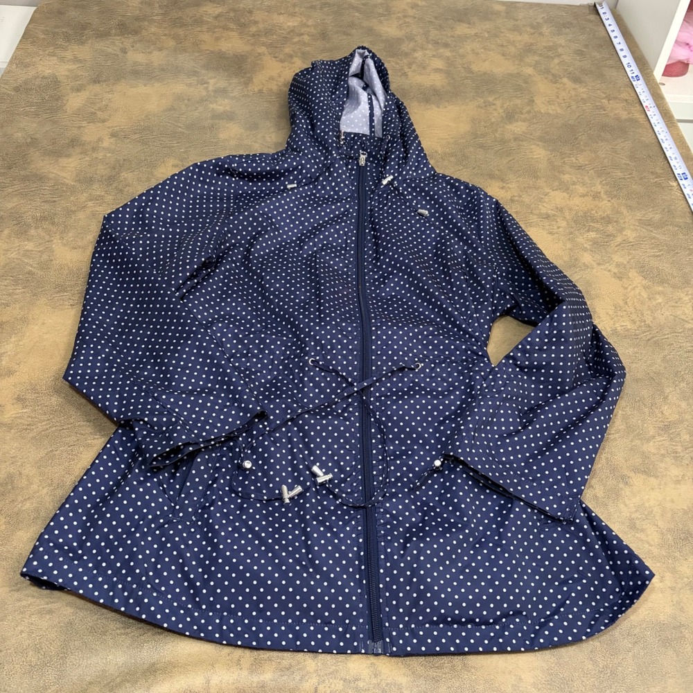 Jones New York Rain Jacket Womens 1X Navy Blue Polka Dot Hooded Drawstring Coat
